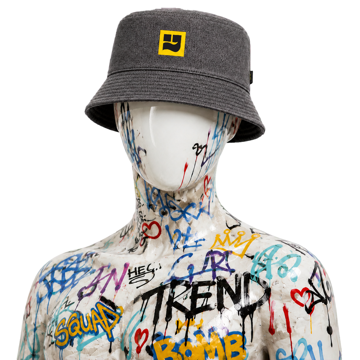 Why Wear WHY Yellow Mark Bucket washed gray mannequin front
