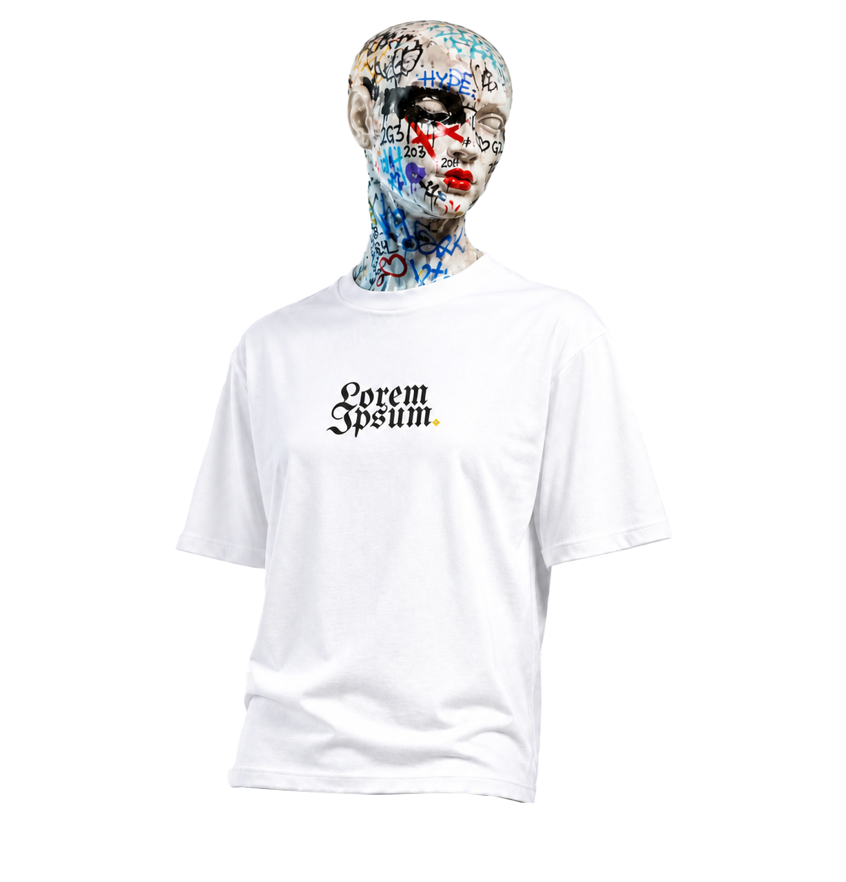 Why Wear T-04 Lorem Ipsum White mannequin three-quarter mockup